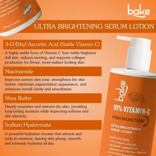 Bake Cosmetics: 10% Vitamin C Ultra Brightening Serum Body Lotion with Niacinamide for Even Skin Tone & Skin Barrier Support 300ml