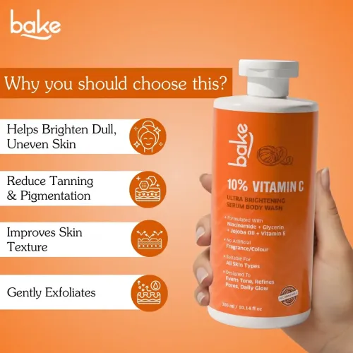Bake Cosmetics: 10% Vitamin C Ultra Brightening Serum Body Wash with Niacinamide for Tan, Even Tone & Glow 300ml