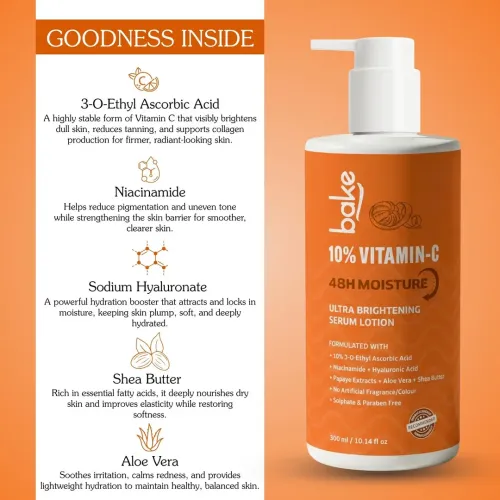 Bake Cosmetics: 10% Vitamin C Ultra Brightening Serum Body Lotion with Niacinamide for Even Skin Tone & Skin Barrier Support 300ml