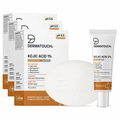 Dermatouch: Pigmentation Care Combo | Kojic Acid 1% Soap 75g (Pack of 3) & Kojic Acid 2% Cream 30gm | For Dark Spots, Tanning & Uneven Skin Tone | For Men & Women