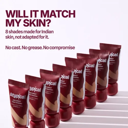 Atypiical: High Impact Tinted Sunscreen SPF 50 PA++++ Medium Peach Yellow - A20W | High-Coverage |No White Cast | Niacinamide | Broad Spectrum UVA/UVB | Non-Greasy | 30ml