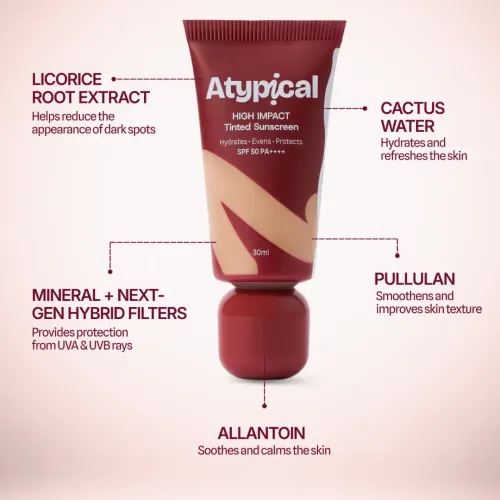 Atypiical: High Impact Tinted Sunscreen SPF 50 PA++++ Deep Golden - A10W | High-Coverage |No White Cast | Niacinamide | Broad Spectrum UVA/UVB | Non-Greasy | 30ml