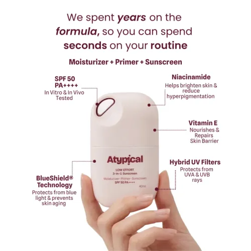 Atypiical: Low Effort 3-in-1 Sunscreen SPF 50 PA++++ | Moisturizer + Primer + Sunscreen |Dermatologically Tested | Non-Greasy, Ultra-Lightweight | No White Cast | Sunscreens for Oily & Dry skin | 40ml