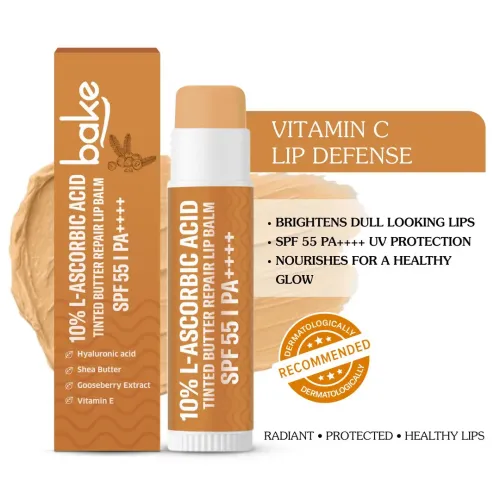 Bake Cosmetics: 10% L-Ascorbic Acid Tinted Lip Balm SPF 55 PA++++ + Hyaluronic Acid - For Dark, Chapped Lips