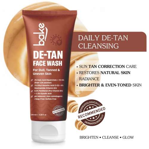 Bake Cosmetics: De-Tan Face Wash with Kojic Acid & Glycolic Acid for Tanned, Uneven Skin Tone, Glow & Spot Reduction 100ml