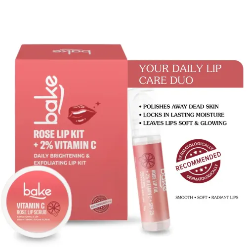 Bake Cosmetics: Vitamin C Rose Lip Care Kit SPF 25 - Lip Oil & Scrub for Pigmented & Dry Lips | Brightening & Exfoliating 40gm