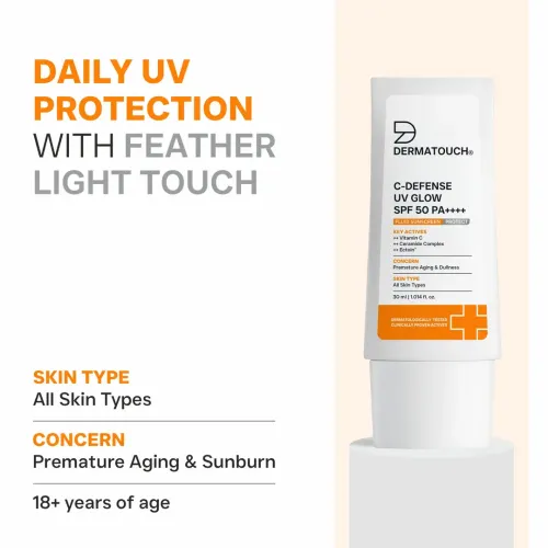 Dermatouch: C-Defense Uv Glow Spf 50 Pa++++ Fluid Sunscreen  Lightweight Daily Sunscreen For Premature Aging & Dullness / Suitable For All Skin Types | 30ml