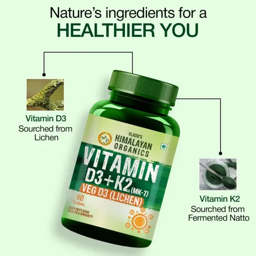 Vlado's Himalayan Organics: Vitamin D3 K2 Tablets 600 IU with K2 MK7 55 mcg | Lichen Source Plant Based Vitamin D3 Supplement | Supports Bone Health, Calcium Absorption, Heart Health & Immunity | 60 Veg Tablets