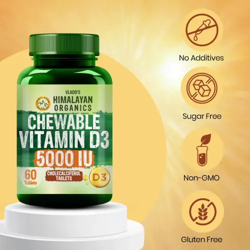Vlado's Himalayan Organics: Vitamin D3 5000IU - Chewable Vitamin D Tablets | Cholecalciferol Vitamin D3 Supplement for Bone & Immunity | For Men And Women | Orange Flavour - 60 Tablets