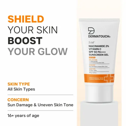 Dermatouch: Dermatouch Niacinamide 2% Vitamin C Sunscreen For Glowing Skin | Spf 50+ Pa ++++ | Quick Absorbing | Zero White Cast | 30gm