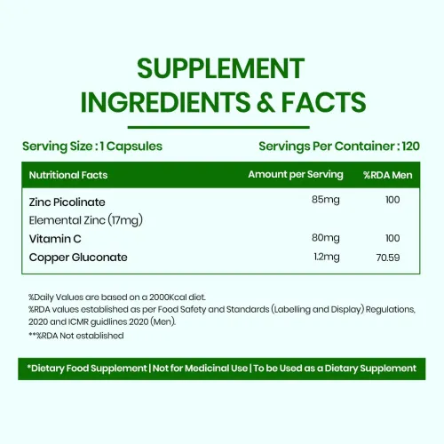 Vlado's Himalayan Organics: Zinc Picolinate with Vitamin C & Copper | Zinc Supplements for Men with 100% RDA Zinc | Immunity & Cellular Health Support  120 capsules