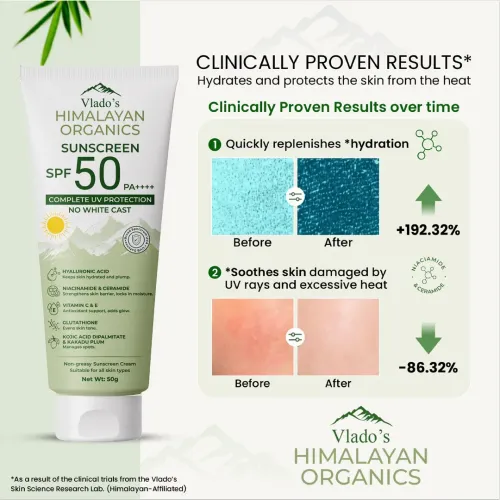 Vlado's Himalayan Organics: Sunscreen SPF 50 PA+++ With Hyaluronic Acid, Niacinamide, Glutathione, Vitamin C & E, Kojic Acid, Kakadu Plum & Ceramide | No White Cast, Lightweight, 12H Long Lasting | For Oily, Dry, Sensitive & Combination Skin | Broad Spectrum UVA/UVB Protection | Men