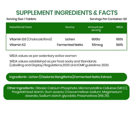 Vlado's Himalayan Organics: Vitamin D3 K2 Tablets 600 IU with K2 MK7 55 mcg | Lichen Source Plant Based Vitamin D3 Supplement | Supports Bone Health, Calcium Absorption, Heart Health & Immunity | 60 Veg Tablets