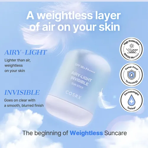 COSRX: Airy-Light Invisible Sun Stick SPF 50+ PA++++ | Sunscreen Stick | Broad Spectrum UV Protection | Lightweight | Non-Greasy Finish | 19gm
