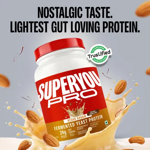 SuperYou: Pro Fermented Yeast Protein Isolate 1kg | 24g Protein| Kesar badam | Higher Absorption than Plant Protein | Superior Muscle Recovery | Gut Friendly | Vegan Protein | PDCAAS of 1