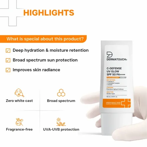 Dermatouch: C-Defense Uv Glow Spf 50 Pa++++ Fluid Sunscreen  Lightweight Daily Sunscreen For Premature Aging & Dullness / Suitable For All Skin Types | 30ml