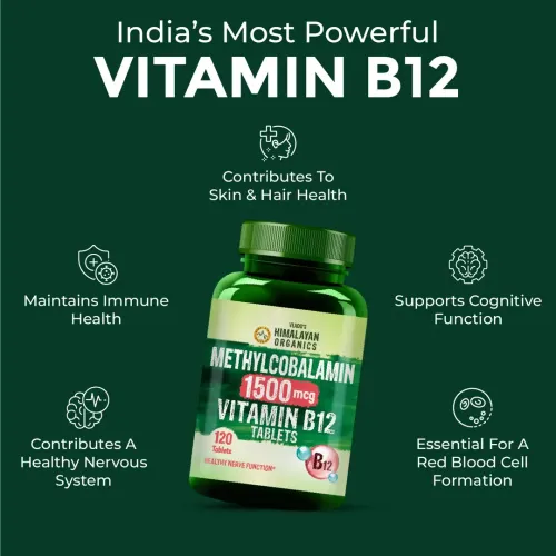 Vlado's Himalayan Organics: Vitamin B12 Tablets 1500 mcg as Methylcobalamin Vitamin B12 Supplements for Men & Women -120 Veg tablets (4 Months Supply Pack)