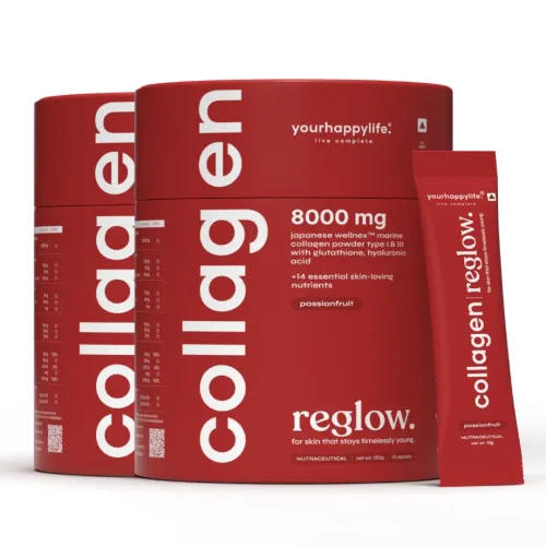 YourHappyLife: Marine Collagen Reglow 8000mg with Glutathione, NAC & Vitamin C | Anti-Ageing Collagen Powder | Skin Brightening & Elasticity Support | 250gm | Pack of 2