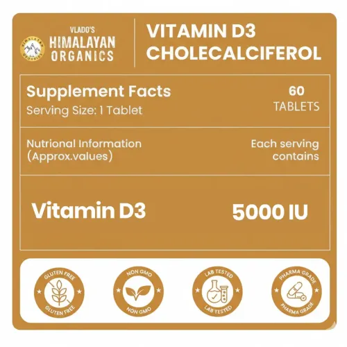 Vlado's Himalayan Organics: Vitamin D3 5000IU - Chewable Vitamin D Tablets | Cholecalciferol Vitamin D3 Supplement for Bone & Immunity | For Men And Women | Orange Flavour - 60 Tablets