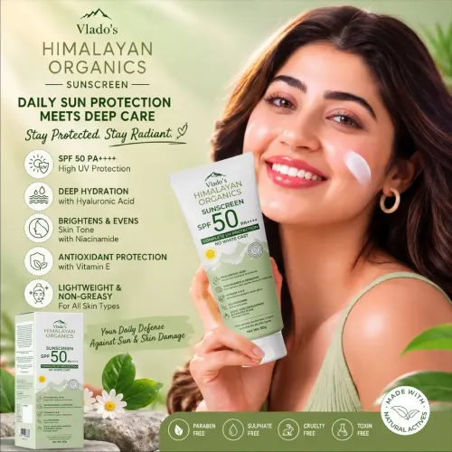 Vlado's Himalayan Organics: Sunscreen SPF 50 PA+++ With Hyaluronic Acid, Niacinamide, Glutathione, Vitamin C & E, Kojic Acid, Kakadu Plum & Ceramide | No White Cast, Lightweight, 12H Long Lasting | For Oily, Dry, Sensitive & Combination Skin | Broad Spectrum UVA/UVB Protection | Men