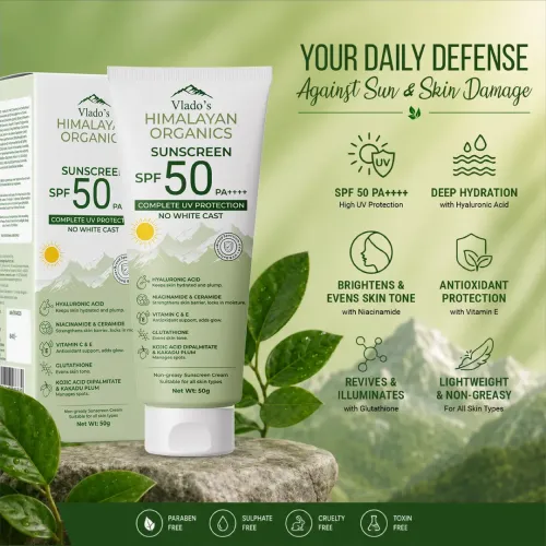 Vlado's Himalayan Organics: Sunscreen SPF 50 PA+++ With Hyaluronic Acid, Niacinamide, Glutathione, Vitamin C & E, Kojic Acid, Kakadu Plum & Ceramide | No White Cast, Lightweight, 12H Long Lasting | For Oily, Dry, Sensitive & Combination Skin | Broad Spectrum UVA/UVB Protection | Men