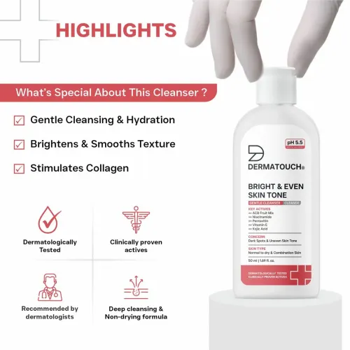 Dermatouch: Bright & Even Skin Tone Gentle Cleanser | Helps Reduce Dark Spots & Uneven Tone | pH 5.5 Daily Face Wash | 50ml | Pack of 2