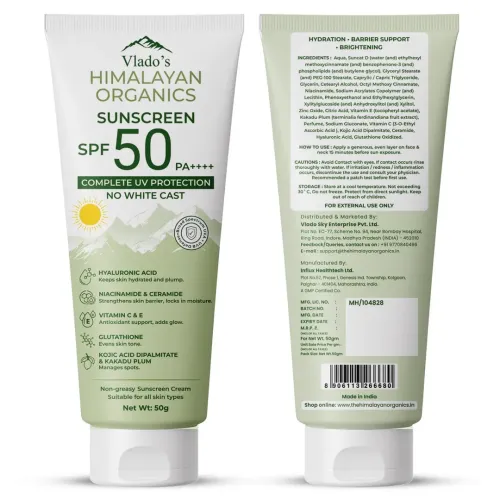 Vlado's Himalayan Organics: Sunscreen SPF 50 PA+++ With Hyaluronic Acid, Niacinamide, Glutathione, Vitamin C & E, Kojic Acid, Kakadu Plum & Ceramide | No White Cast, Lightweight, 12H Long Lasting | For Oily, Dry, Sensitive & Combination Skin | Broad Spectrum UVA/UVB Protection | Men