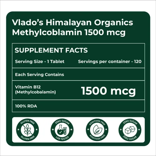Vlado's Himalayan Organics: Vitamin B12 Tablets 1500 mcg as Methylcobalamin Vitamin B12 Supplements for Men & Women -120 Veg tablets (4 Months Supply Pack)