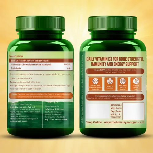 Vlado's Himalayan Organics: Vitamin D3 5000IU - Chewable Vitamin D Tablets | Cholecalciferol Vitamin D3 Supplement for Bone & Immunity | For Men And Women | Orange Flavour - 60 Tablets