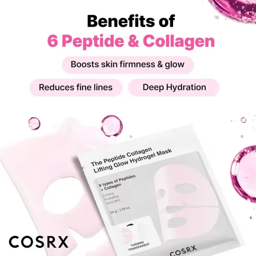 COSRX: The Peptide Collagen Lifting Glow Hydrogel Mask | Firming Face Mask | Lifting & Hydrating | Anti-Ageing | Korean Skincare | 34gm x 3EA
