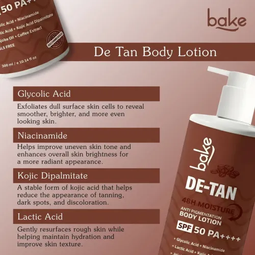 Bake Cosmetics: De-Tan Anti-Pigmentation Coffee Body Lotion with Kojic, Glycolic & Lactic Acid for Spots, Pigmentation & Tan Removal
