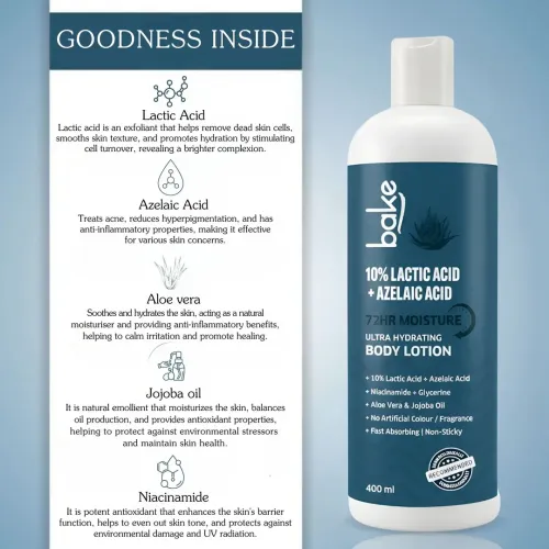 Bake Cosmetics: 10% Lactic Acid + Azelaic Acid Body Lotion For Bumpy Skin, Exfoliates Skin & Improves Skin Texture With 72-Hour Ultra Hydration  400ml