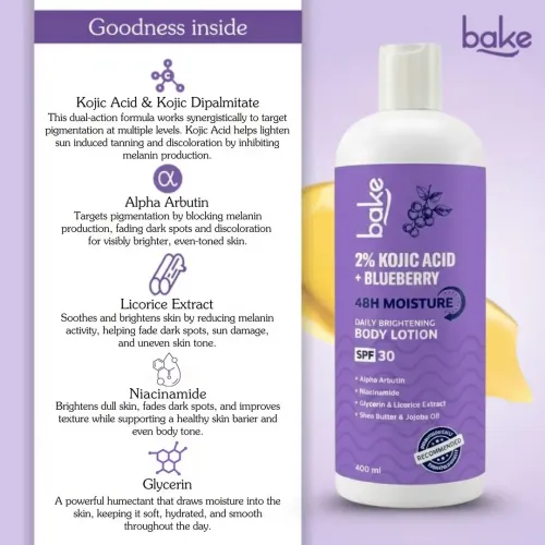 Bake Cosmetics: 2% Kojic Acid + Blueberry Brightening Body Lotion SPF 30 with Alpha Arbutin for Dark Spots, Uneven Skin Tone & Daily Hydration  400ml