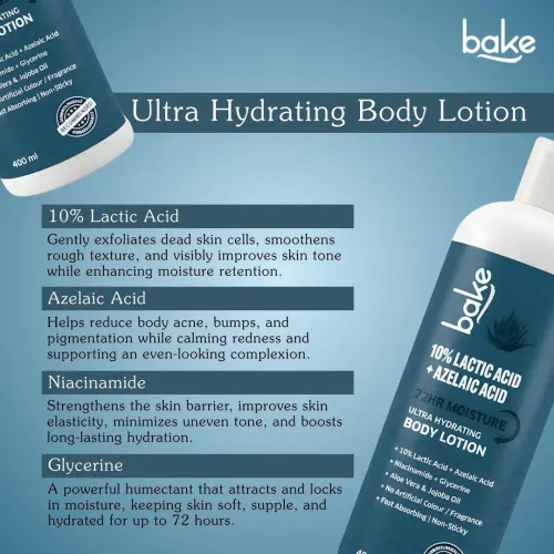 Bake Cosmetics: 10% Lactic Acid + Azelaic Acid Body Lotion For Bumpy Skin, Exfoliates Skin & Improves Skin Texture With 72-Hour Ultra Hydration  400ml