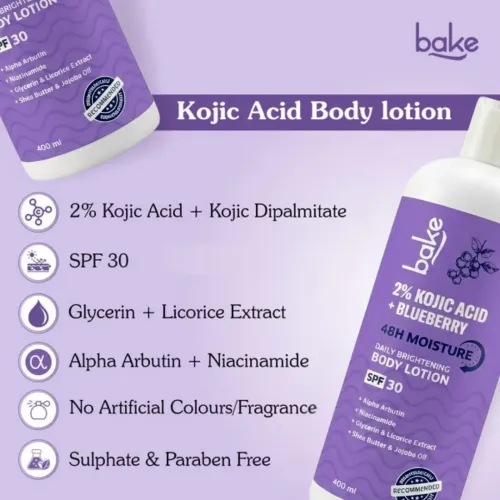 Bake Cosmetics: 2% Kojic Acid + Blueberry Brightening Body Lotion SPF 30 with Alpha Arbutin for Dark Spots, Uneven Skin Tone & Daily Hydration  400ml