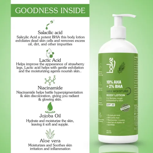 Bake Cosmetics: 10% AHA + 2% BHA Body Lotion SPF 30 with Lactic Acid for Bumpy, Rough & Strawberry Skin and 48H Moisturization  400ml