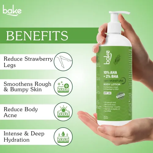 Bake Cosmetics: 10% AHA + 2% BHA Body Lotion SPF 30 with Lactic Acid for Bumpy, Rough & Strawberry Skin and 48H Moisturization  400ml