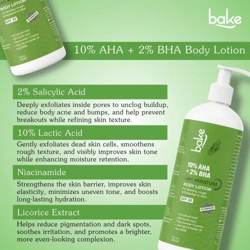 Bake Cosmetics: 10% AHA + 2% BHA Body Lotion SPF 30 with Lactic Acid for Bumpy, Rough & Strawberry Skin and 48H Moisturization  400ml