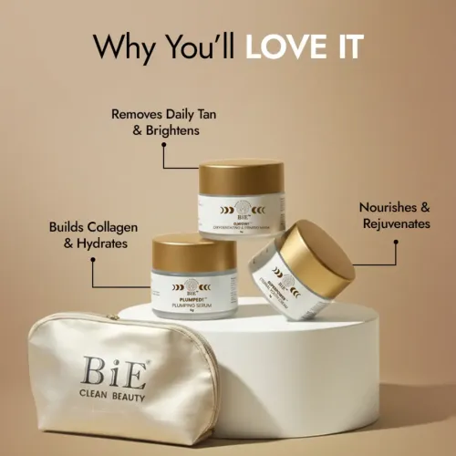 BiE: Daily Glow Trial Kit | Travel Size Skincare Combo Set | Face Mask, Serum , Moisturiser & Travelling Pouch | Instantly Detans, Hydrates, Boosts Collagen & Strengthens Skin Barrier | 4pcs