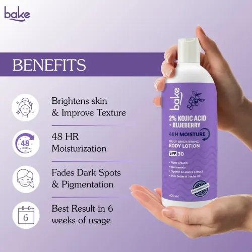 Bake Cosmetics: 2% Kojic Acid + Blueberry Brightening Body Lotion SPF 30 with Alpha Arbutin for Dark Spots, Uneven Skin Tone & Daily Hydration  400ml