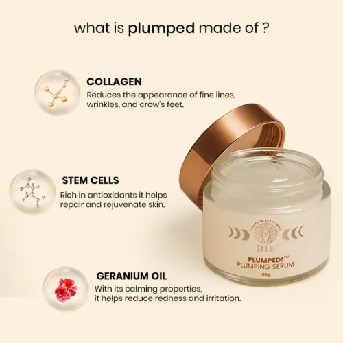 BiE: Plumped! Plumping Serum | With Collagen, Stem Cells & Geranium Oil | For Hydrated, Smooth Skin | 50gm