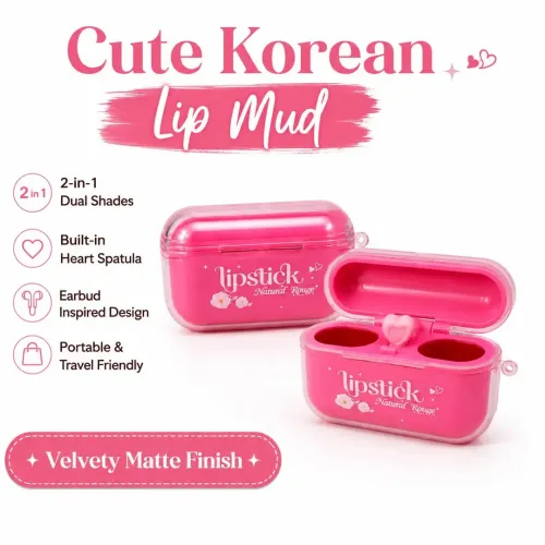 kindlife: 2 in 1 Korean Lip Mud Matte Lipstick | Earbud Shaped Dual Shade Lip Mud with Built-in Heart Spatula Applicator | Velvet Soft Matte Lip & Cheek Tint | Lightweight Non-Drying Travel Lip Color | 50gm