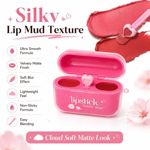 kindlife: 2 in 1 Korean Lip Mud Matte Lipstick | Earbud Shaped Dual Shade Lip Mud with Built-in Heart Spatula Applicator | Velvet Soft Matte Lip & Cheek Tint | Lightweight Non-Drying Travel Lip Color | 50gm