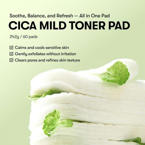 VT Cosmetics: Cica Mild Toner Pad | Calming Care | Gentle Exfoliation | Soothing | Sensitive Skin | 60ea