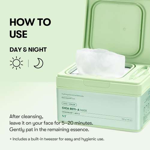VT Cosmetics: Cica Reti-A Mask | Calming Care | Retinol | Anti-Aging | Wrinkle Reduction | Daily Mask | 30ea