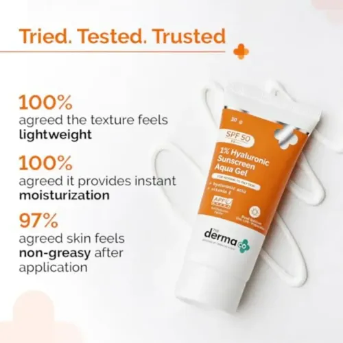 The Derma Co: 1% Hyaluronic Sunscreen | SPF 50 PA+++ | Aqua Gel | Normal to Oily Skin | 30gm