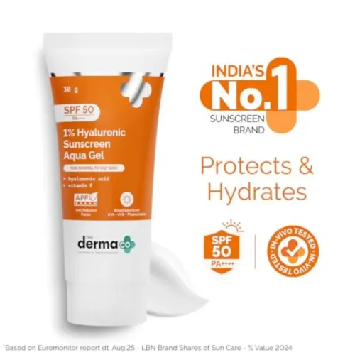 The Derma Co: 1% Hyaluronic Sunscreen | SPF 50 PA+++ | Aqua Gel | Normal to Oily Skin | 30gm