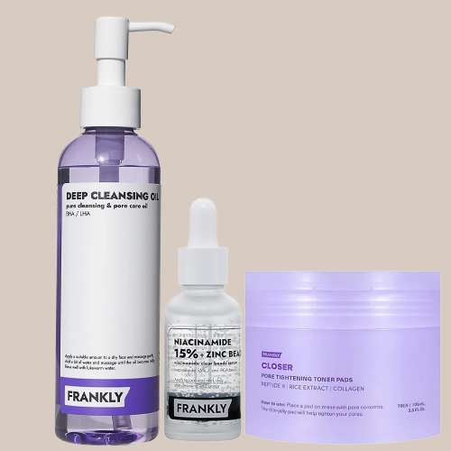 Frankly: Pore Perfect Clear Skin Routine | Deep Cleansing Oil + Toner Pads + Niacinamide 15% Zinc Beads Serum