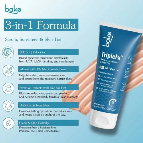 Bake Cosmetics: TripleFx SPF 50 PA++++ 3-in-1 Tinted Sunscreen for Broad Spectrum UVA/UVB Protection, Skin Tint & Even Skin Tone - Porcelain Light 50gm