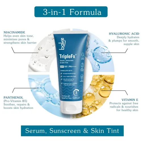 Bake Cosmetics: TripleFx SPF 50 PA++++ 3-in-1 Tinted Sunscreen for Broad Spectrum UVA/UVB Protection, Skin Tint & Even Skin Tone - Porcelain Light 50gm